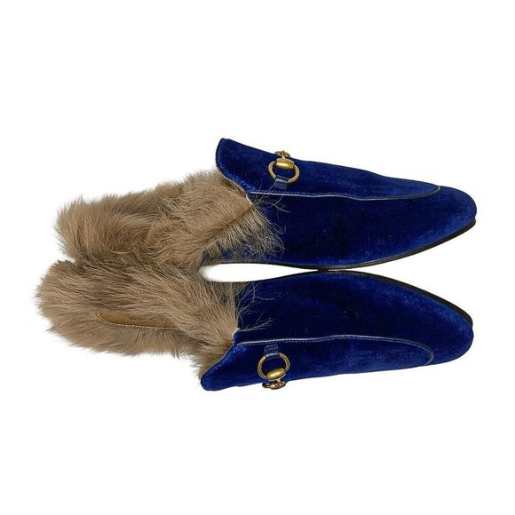 Gucci Princetown Fur Slipper EU 38 US 8 Blue Velvet Horsebit Mule Loafer Flats - Picture 5 of 10